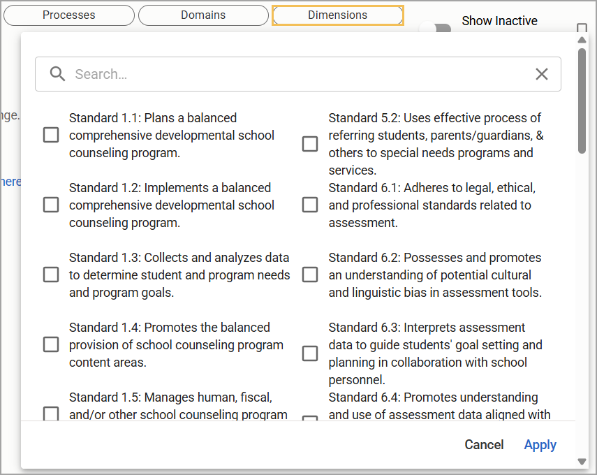 List of dimensions to filter by, with checkboxes for selection.